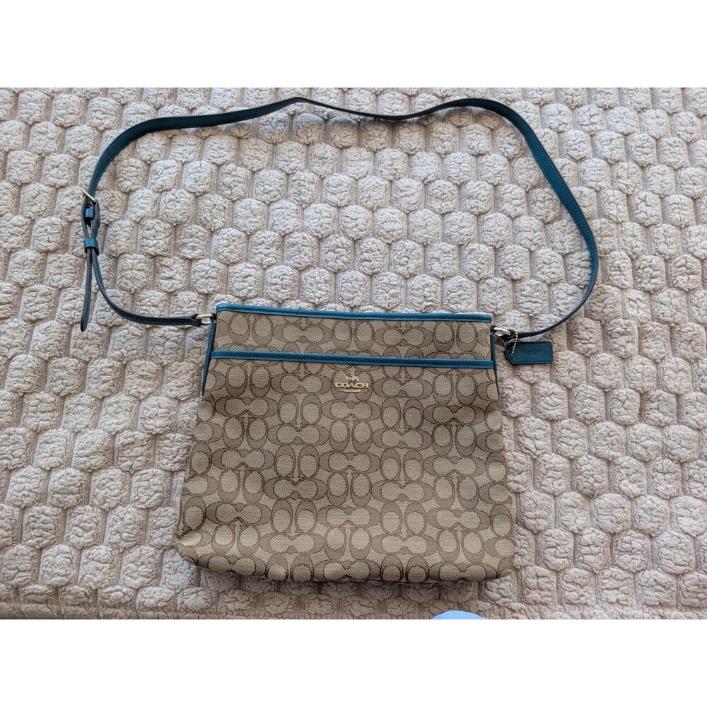 Coach File Crossbody Bag Signature Canvas Purse Brown Teal Adjustable Strap - Picture 3 of 10